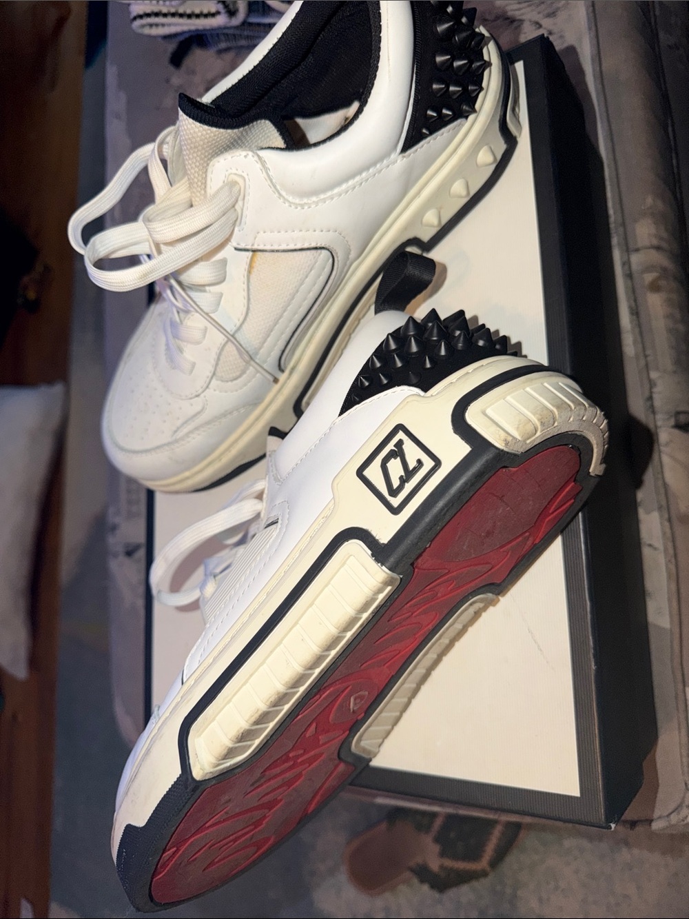 White Leather CL Low-Top Sneakers with Black Stud Heel and Red Sole